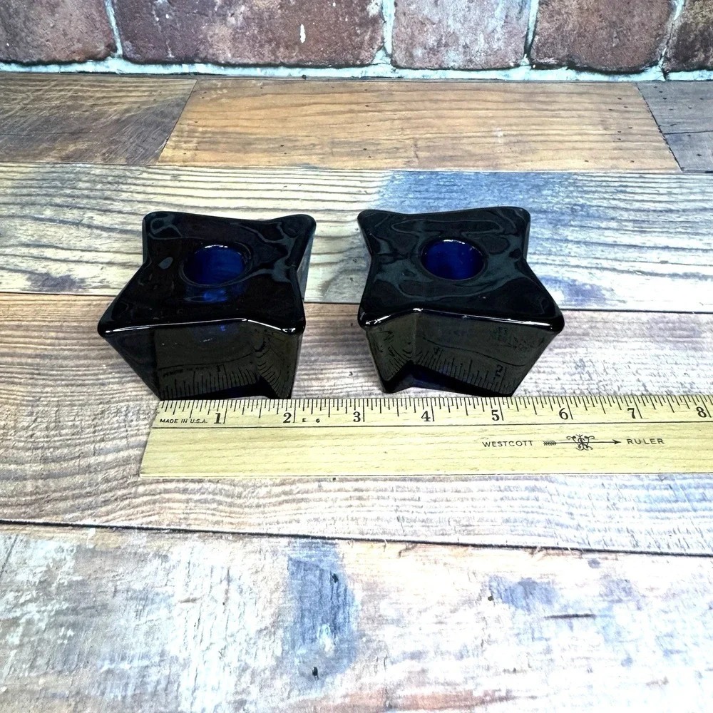 Viking Glass Bluenique Cobalt Blue ASTRA Four-Pointed Candle Holder Pair Set MCM